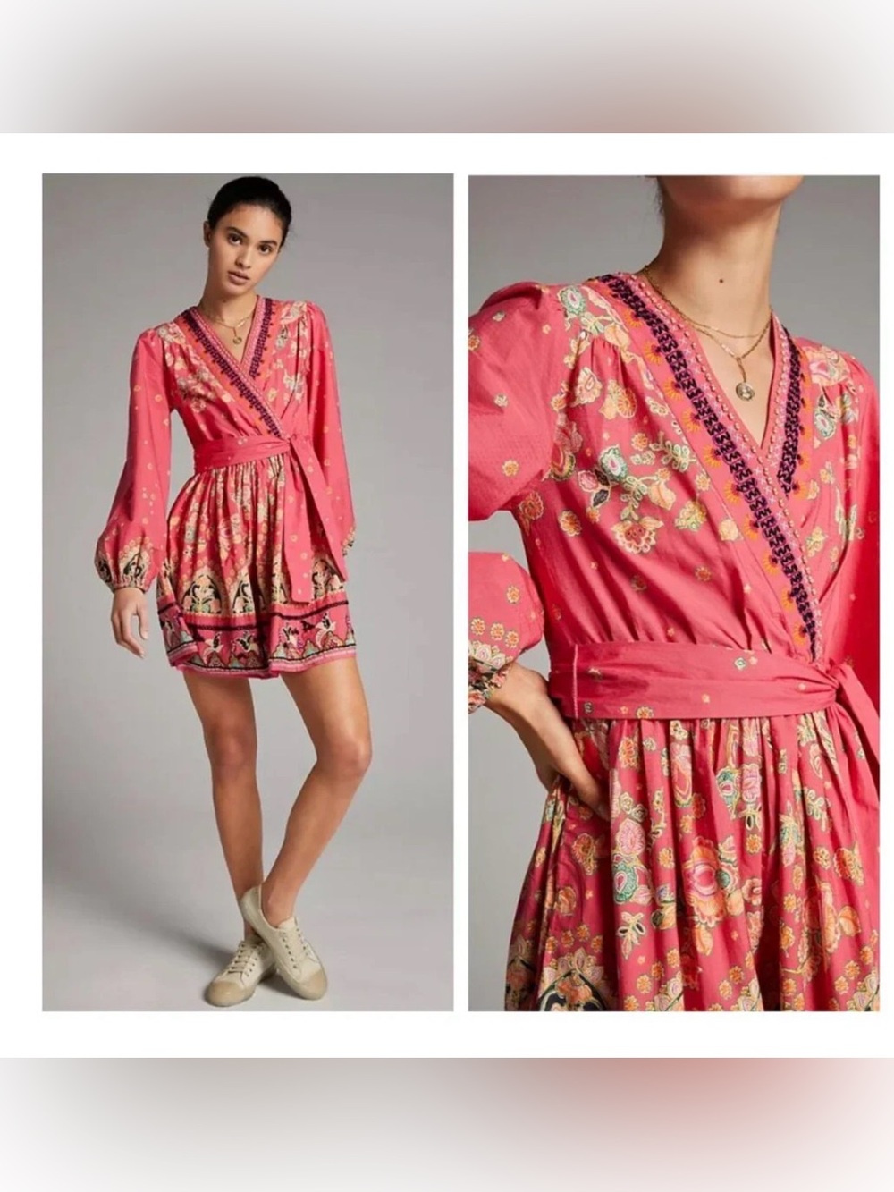 Anthropologie Pink Embroidered V-Neck Dress